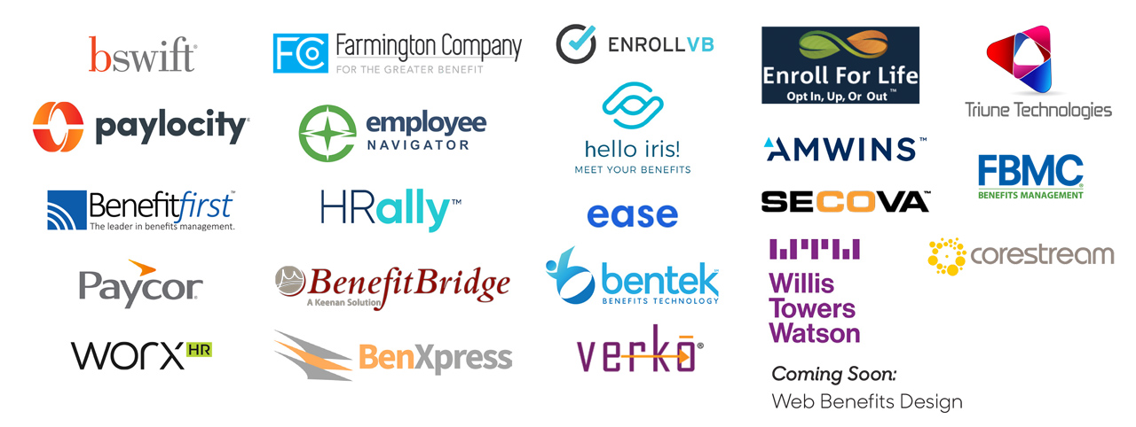 Logos of systems configured to work with Simplink: Paycor, bswift, benefitsconnect, enrollvb, verko, paylocity, Winston, hello iris!, Benefitfirst